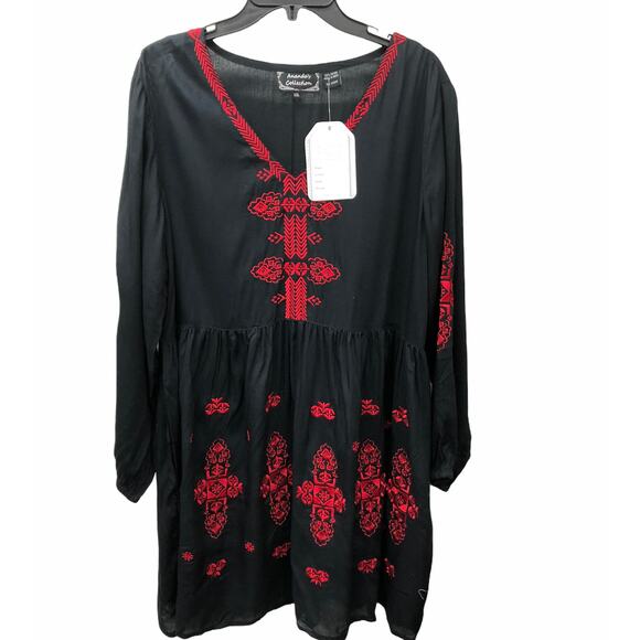 Anandas Black Red Embroidered  Boho V-Neck Mini Dress  XXL - Picture 2 of 5